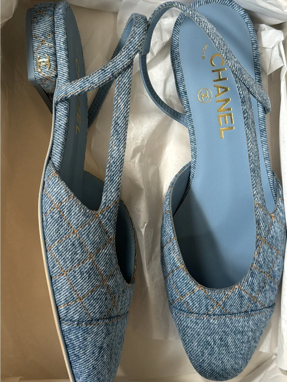 CHANEL Light Blue Denim Slingback Flats